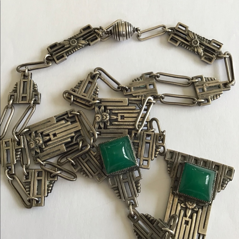 Antique Art Deco Sterling Chrysoprase Necklace - Picture 8 of 11